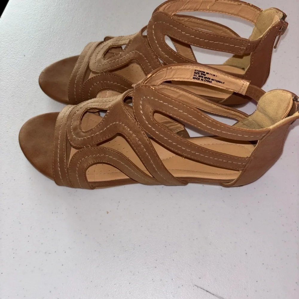 Comfortview Tan Sandals with Intricate Cut-Outs and Zipper